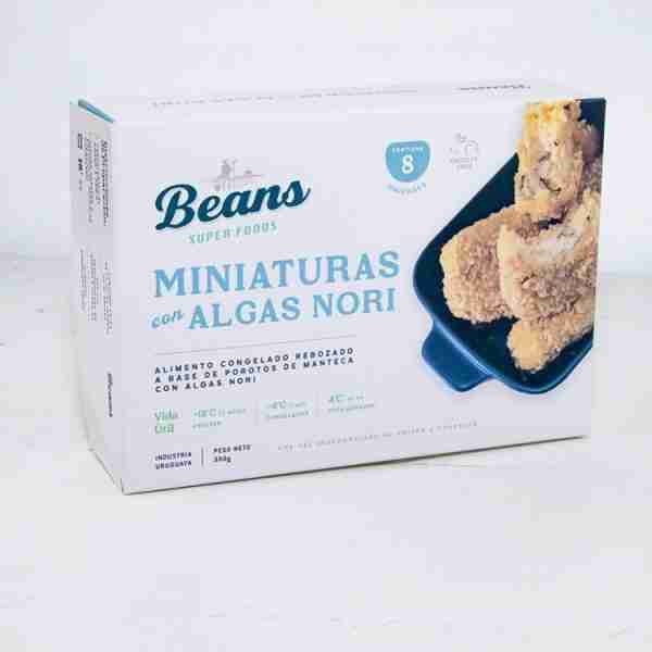 Miniaturas No Fish. Beans Super Foods. Alimento congelado rebozado a base de Porotos de manteca con Algas Nori. 8 unidades. 300 gramos. Producto Vegano.La Cocina de Gualberto. emarket Uruguay